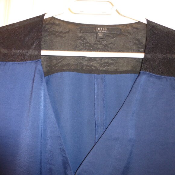 GUESS dark blue v-neck low cut blouse with lace accents - Picture 3 of 12